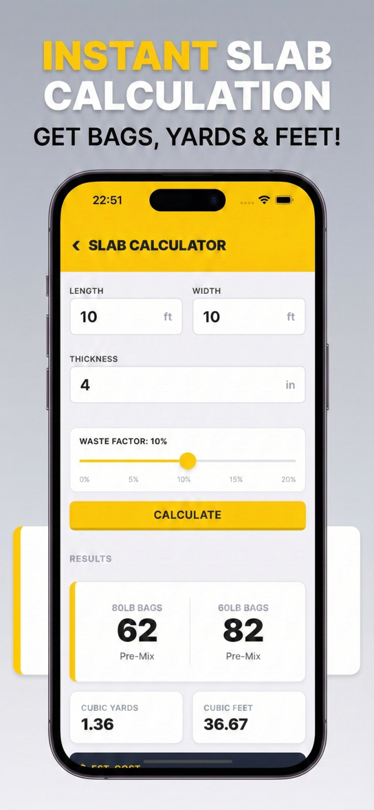 Slab calculator with dimensions and bag count results